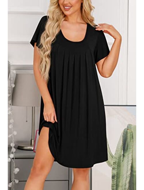 PrinStory Womens Nightgown Comfy Short Sleeve Sleepwear Ladies Nightshirt Soft Scoopneck Pleated Sleepshirt