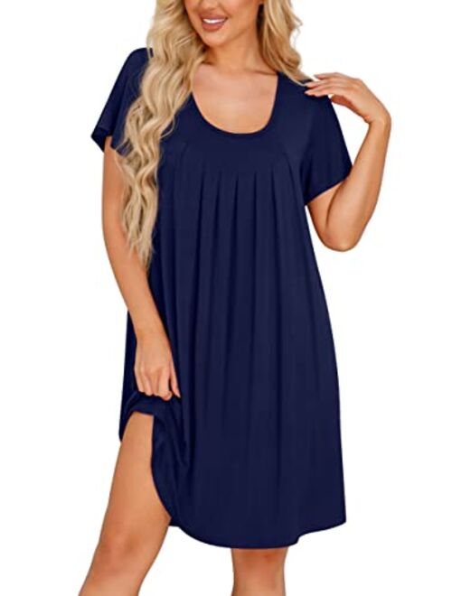 PrinStory Womens Nightgown Comfy Short Sleeve Sleepwear Ladies Nightshirt Soft Scoopneck Pleated Sleepshirt