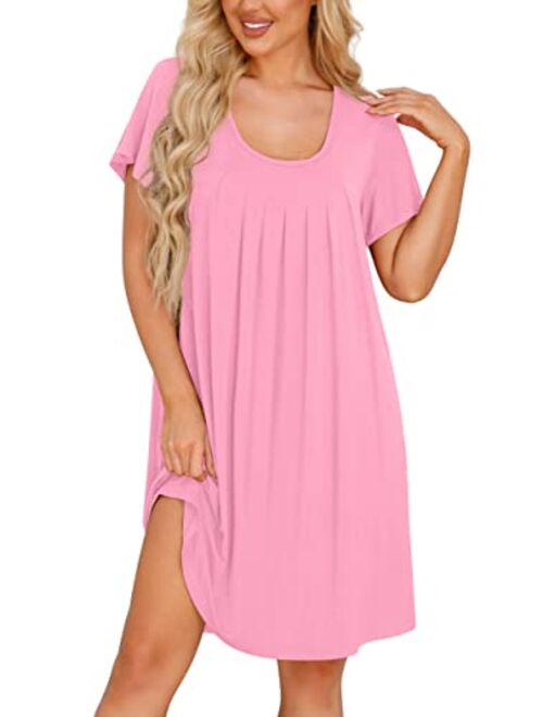 PrinStory Womens Nightgown Comfy Short Sleeve Sleepwear Ladies Nightshirt Soft Scoopneck Pleated Sleepshirt