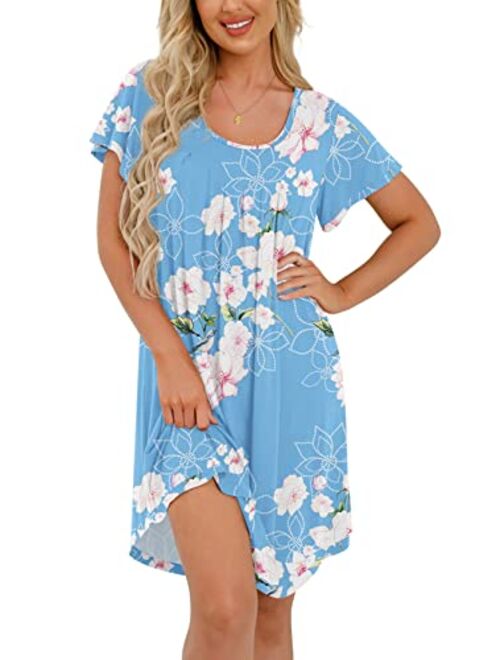 PrinStory Womens Nightgown Comfy Short Sleeve Sleepwear Ladies Nightshirt Soft Scoopneck Pleated Sleepshirt