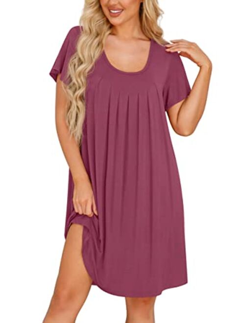 PrinStory Womens Nightgown Comfy Short Sleeve Sleepwear Ladies Nightshirt Soft Scoopneck Pleated Sleepshirt