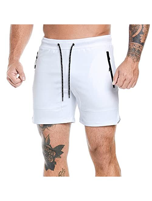 A WATERWANG Mens Gym Workout Shorts, 5” Shorts Men for Athletic Running Bodybuilding with Zipper Pockets