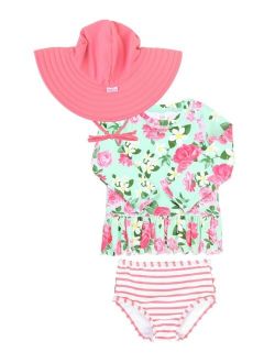 Baby Girls Ruffled Peplum Rash Guard Swimsuit with Bow Headband, 3-Piece Set