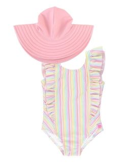 Baby Girls Ruffle Stripe 1-Piece Swim Hat Set
