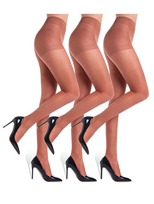 G&Y 3 Pairs Women's Sheer Tights - 20D Control Top Pantyhose with Reinforced Toes