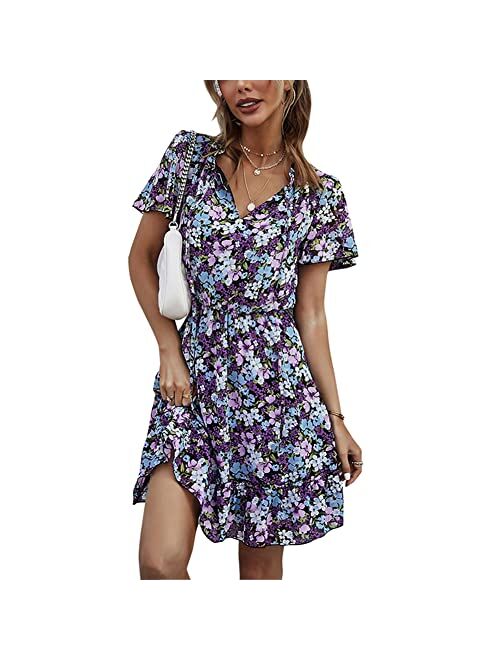 Graceasy Women's Summer V-Neck Short-Sleeve Dresses - Casual Mini Floral A-Line Party Dress