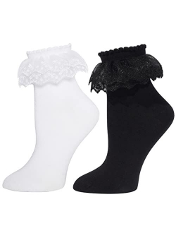 RMSWEETYIL Lace Ruffle Frilly Socks for Women, Cotton Lace Ankle Socks