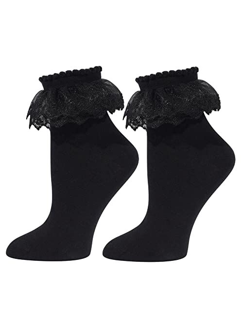 RMSWEETYIL Lace Ruffle Frilly Socks for Women, Cotton Lace Ankle Socks