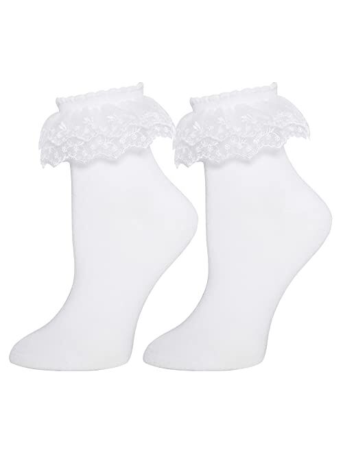 RMSWEETYIL Lace Ruffle Frilly Socks for Women, Cotton Lace Ankle Socks