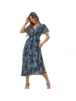 Graceasy Women's Summer Casual Midi Dress - Floral Printed V-Neck Wrap Short Sleeve Flowy Boho Beach Party Dresses