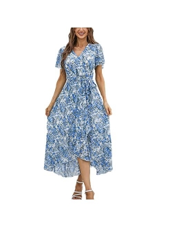 Graceasy Women's Summer Casual Midi Dress - Floral Printed V-Neck Wrap Short Sleeve Flowy Boho Beach Party Dresses