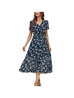 Graceasy Women's Summer Casual Midi Dress - Floral Printed V-Neck Wrap Short Sleeve Flowy Boho Beach Party Dresses