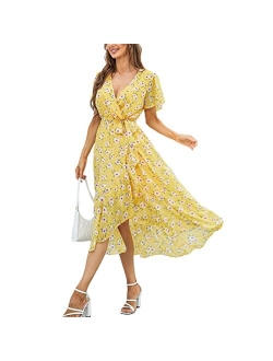 Graceasy Women's Summer Casual Midi Dress - Floral Printed V-Neck Wrap Short Sleeve Flowy Boho Beach Party Dresses