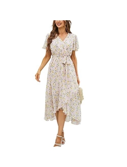 Graceasy Women's Summer Casual Midi Dress - Floral Printed V-Neck Wrap Short Sleeve Flowy Boho Beach Party Dresses