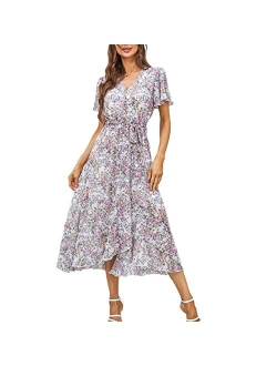 Graceasy Women's Summer Casual Midi Dress - Floral Printed V-Neck Wrap Short Sleeve Flowy Boho Beach Party Dresses