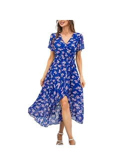 Graceasy Women's Summer Casual Midi Dress - Floral Printed V-Neck Wrap Short Sleeve Flowy Boho Beach Party Dresses