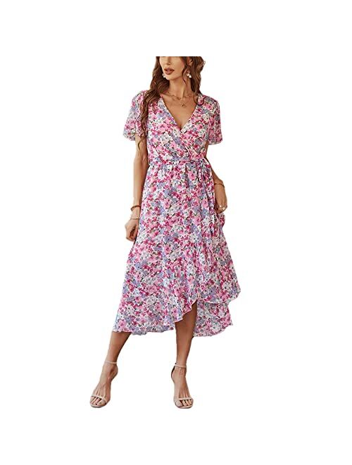 Graceasy Women's Summer Casual Midi Dress - Floral Printed V-Neck Wrap Short Sleeve Flowy Boho Beach Party Dresses