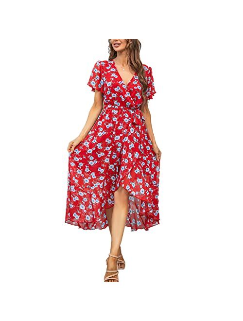 Graceasy Women's Summer Casual Midi Dress - Floral Printed V-Neck Wrap Short Sleeve Flowy Boho Beach Party Dresses