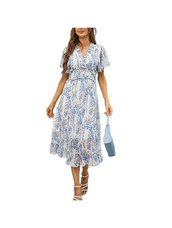 Graceasy Women's Causal Summer Midi Dress - Deep V Neck Party Floral Beach Ruffle Short Sleeve Swing Boho Cute Sun Dress