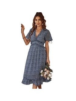 Graceasy Women's Causal Summer Midi Dress - Deep V Neck Party Floral Beach Ruffle Short Sleeve Swing Boho Cute Sun Dress