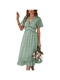 Graceasy Women's Causal Summer Midi Dress - Deep V Neck Party Floral Beach Ruffle Short Sleeve Swing Boho Cute Sun Dress