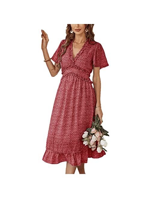 Graceasy Women's Causal Summer Midi Dress - Deep V Neck Party Floral Beach Ruffle Short Sleeve Swing Boho Cute Sun Dress