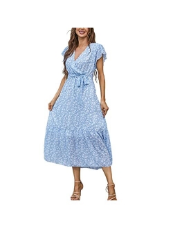 Graceasy Women's Causal Summer Midi Dress - V Neck Party Floral Beach Wrap Swing Short Ruffle Sleeve Boho Sun Dress