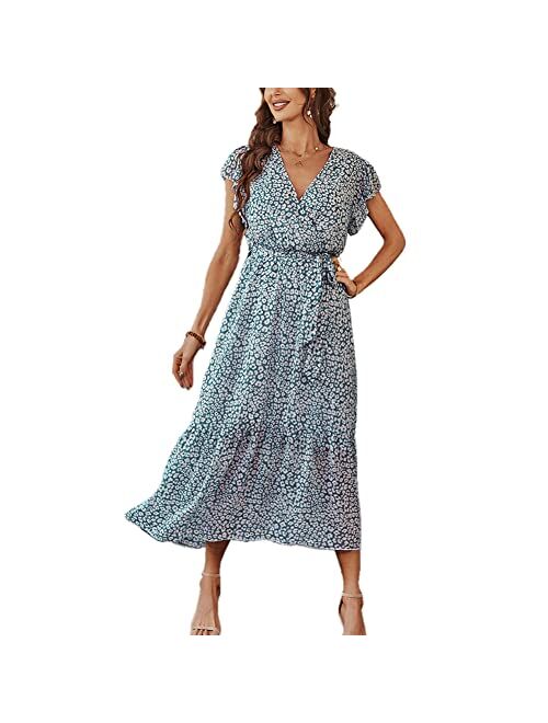 Graceasy Women's Causal Summer Midi Dress - V Neck Party Floral Beach Wrap Swing Short Ruffle Sleeve Boho Sun Dress