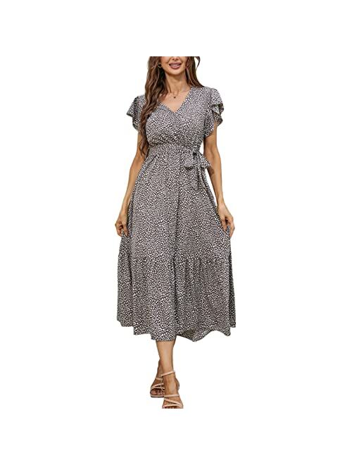 Graceasy Women's Causal Summer Midi Dress - V Neck Party Floral Beach Wrap Swing Short Ruffle Sleeve Boho Sun Dress