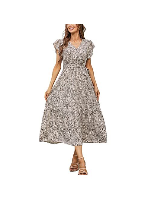 Graceasy Women's Causal Summer Midi Dress - V Neck Party Floral Beach Wrap Swing Short Ruffle Sleeve Boho Sun Dress