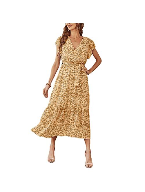 Graceasy Women's Causal Summer Midi Dress - V Neck Party Floral Beach Wrap Swing Short Ruffle Sleeve Boho Sun Dress