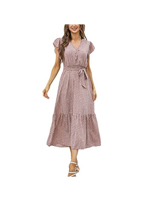 Graceasy Women's Causal Summer Midi Dress - V Neck Party Floral Beach Wrap Swing Short Ruffle Sleeve Boho Sun Dress