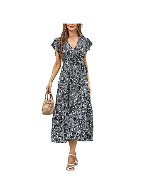 Graceasy Women's Causal Summer Midi Dress - V Neck Party Floral Beach Wrap Swing Short Ruffle Sleeve Boho Sun Dress