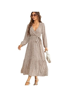 Graceasy Women's Long Sleeve Midi Casual Dress - Floral Print Wrap Maxi Casual Boho V Neck Flowy Dress