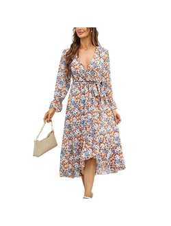 Graceasy Women's Long Sleeve Midi Casual Dress - Floral Print Wrap Maxi Casual Boho V Neck Flowy Dress