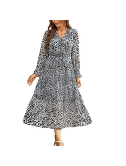 Graceasy Women's Long Sleeve Midi Casual Dress - Floral Print Wrap Maxi Casual Boho V Neck Flowy Dress