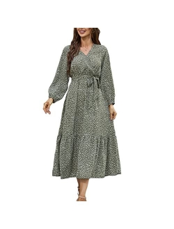 Graceasy Women's Long Sleeve Midi Casual Dress - Floral Print Wrap Maxi Casual Boho V Neck Flowy Dress