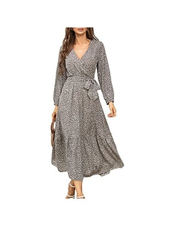 Graceasy Women's Long Sleeve Midi Casual Dress - Floral Print Wrap Maxi Casual Boho V Neck Flowy Dress