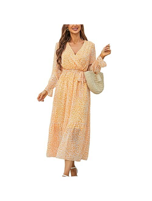 Graceasy Women's Long Sleeve Midi Casual Dress - Floral Print Wrap Maxi Casual Boho V Neck Flowy Dress