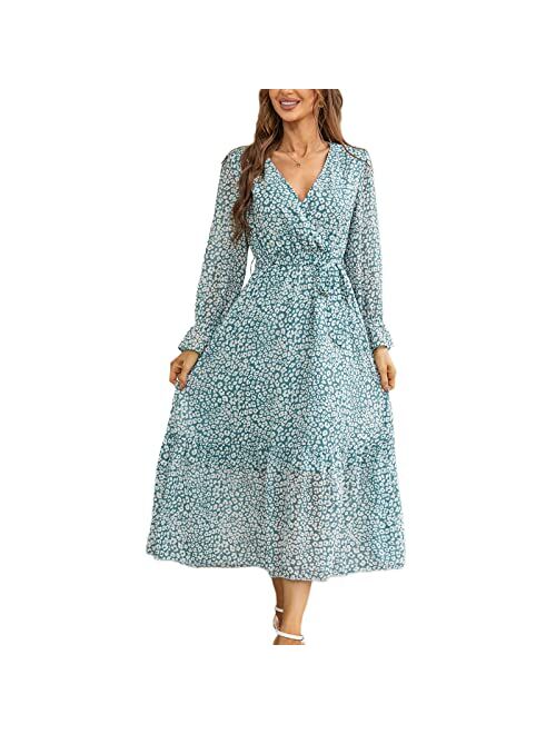 Graceasy Women's Long Sleeve Midi Casual Dress - Floral Print Wrap Maxi Casual Boho V Neck Flowy Dress