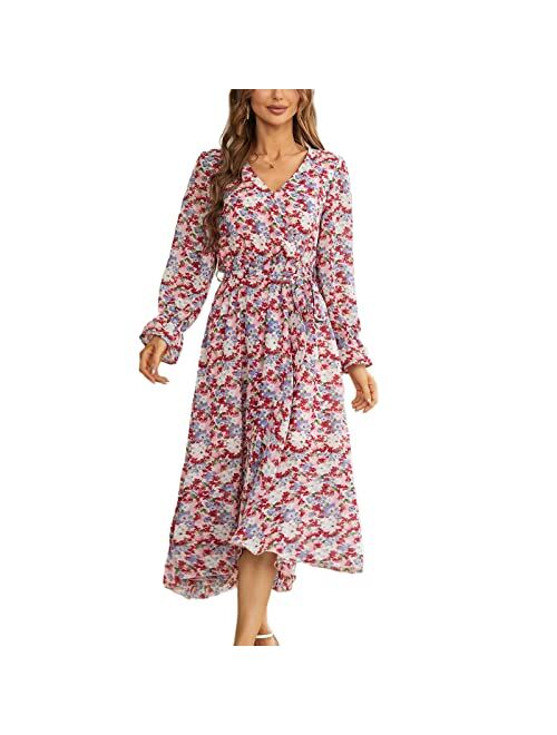 Graceasy Women's Long Sleeve Midi Casual Dress - Floral Print Wrap Maxi Casual Boho V Neck Flowy Dress