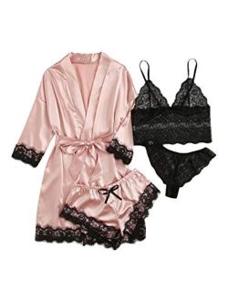 Women's 4 Pieces Satin Floral Lace Cami Top Lingerie Pajama Set with Robe