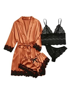 Women's 4 Pieces Satin Floral Lace Cami Top Lingerie Pajama Set with Robe