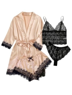 Women's 4 Pieces Satin Floral Lace Cami Top Lingerie Pajama Set with Robe