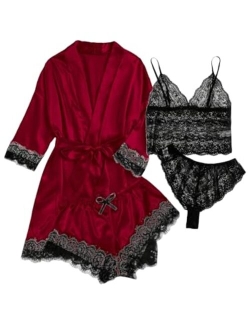 Women's 4 Pieces Satin Floral Lace Cami Top Lingerie Pajama Set with Robe