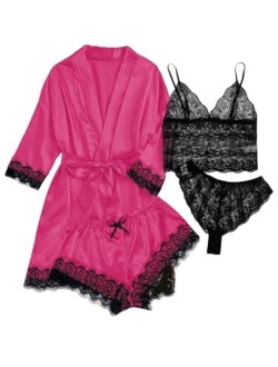 Women's 4 Pieces Satin Floral Lace Cami Top Lingerie Pajama Set with Robe