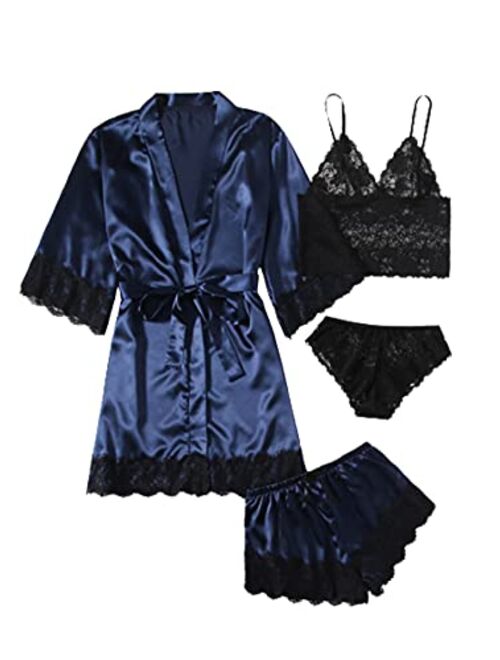 WDIRARA Women's 4 Pieces Satin Floral Lace Cami Top Lingerie Pajama Set with Robe