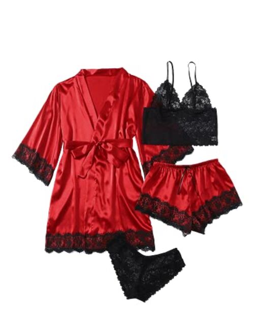 WDIRARA Women's 4 Pieces Satin Floral Lace Cami Top Lingerie Pajama Set with Robe