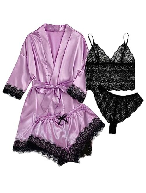 WDIRARA Women's 4 Pieces Satin Floral Lace Cami Top Lingerie Pajama Set with Robe