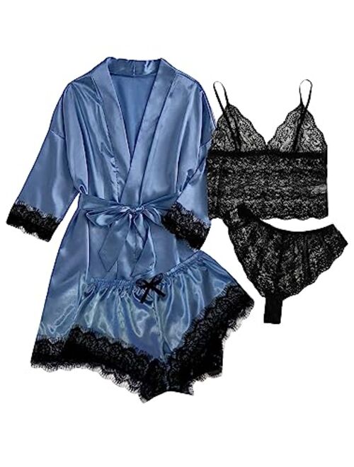 WDIRARA Women's 4 Pieces Satin Floral Lace Cami Top Lingerie Pajama Set with Robe